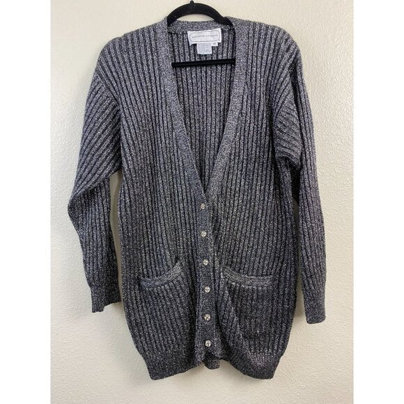Vtg ADRIENNE VITTADINI LAMBSWOOL Sweater CARDIGAN WOMENS sz MEDIUM GRAY metallic - Picture 1 of 11